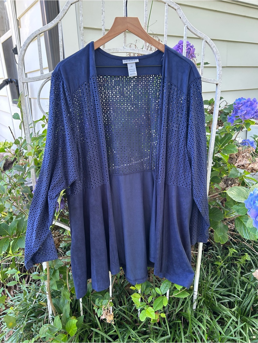 CATHERINES navy blue suede like cardigan sweater size 2X open front mesh